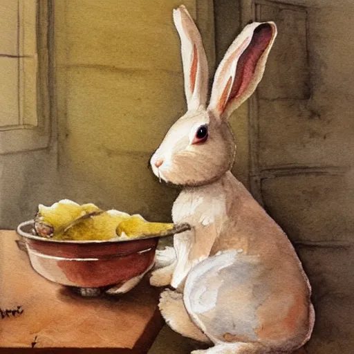 Image similar to a rabbit cooking in a french kitchen, watercolour realism