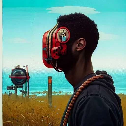 Prompt: a portrait of a black man :: side profile blood :: background sea :: intricate details :: futuristic oxygen mask :: 8k :: simon stalenhag and Sandra Chevrier