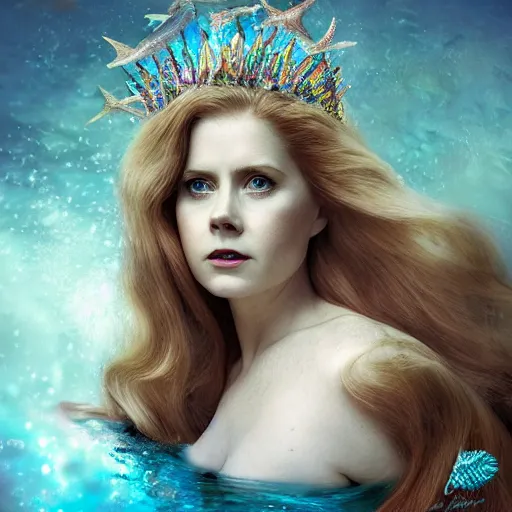 Prompt: amy adams portrait, fantasy, mermaid, hyperrealistic, game character, underwater, highly detailed, sharp focus, cinematic lighting, pearls, glowing hair, shells, gills, crown, water, highlights, starfish, jewelry, realistic, digital art, pastel, magic, fiction, ocean, king, colorful hair, sparkly eyes, fish, heroic, goddess, waves, bubbles, queen