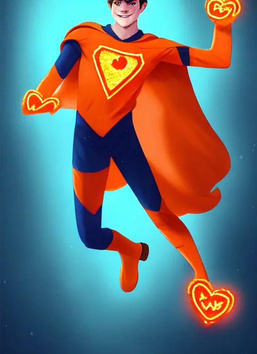 Image similar to friendly teenage archie andrews wearing an orange superhero costume with heart logo, freckles, pureheart the powerful, heart emblem on chest, cape, intricate, elegant, glowing lights, highly detailed, digital painting, artstation, sharp focus, illustration, art by wlop, mars ravelo and greg rutkowski