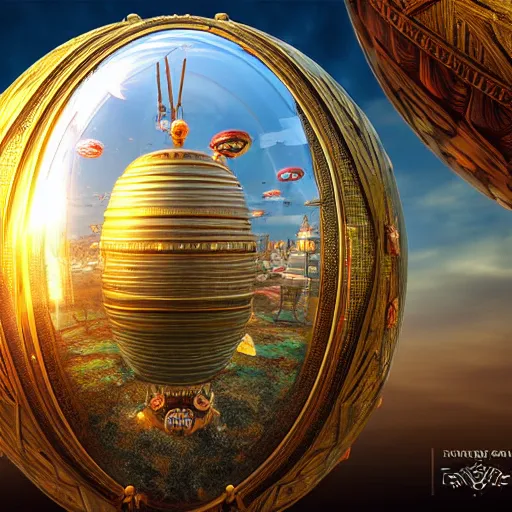 Image similar to enormous flying megapolis inside of a faberge egg, sky, steampunk, fantasy art, unreal engine