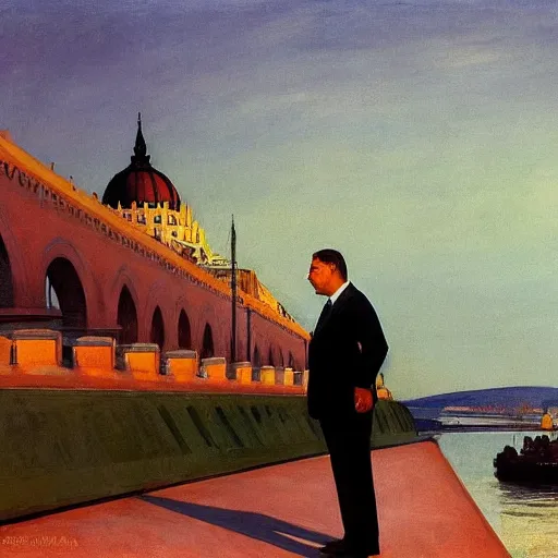Prompt: leader of fascist hungary, viktor orban, overseeing the war torn city on the bank of danube river in budapest during the siege 1 9 4 5, by edward hopper