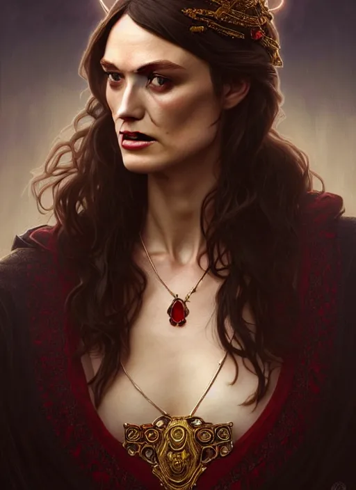 Prompt: portrait of keira knightley as a vampire lord, jewelry, greek, ruby, intricate, headshot, highly detailed, digital painting, artstation, concept art, sharp focus, cinematic lighting, illustration, art by artgerm and greg rutkowski, alphonse mucha, cgsociety