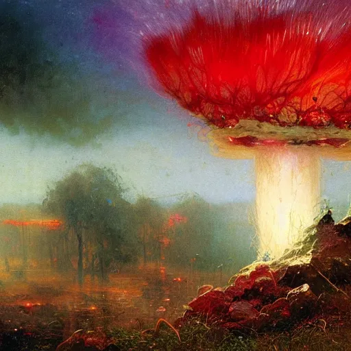 Prompt: a lovely picture of a mycelium alien by john berkey, by george inness, by john harris, purple and red and white gradient colour theme, trending on deviantart, rendered in blender, 8 k resolution