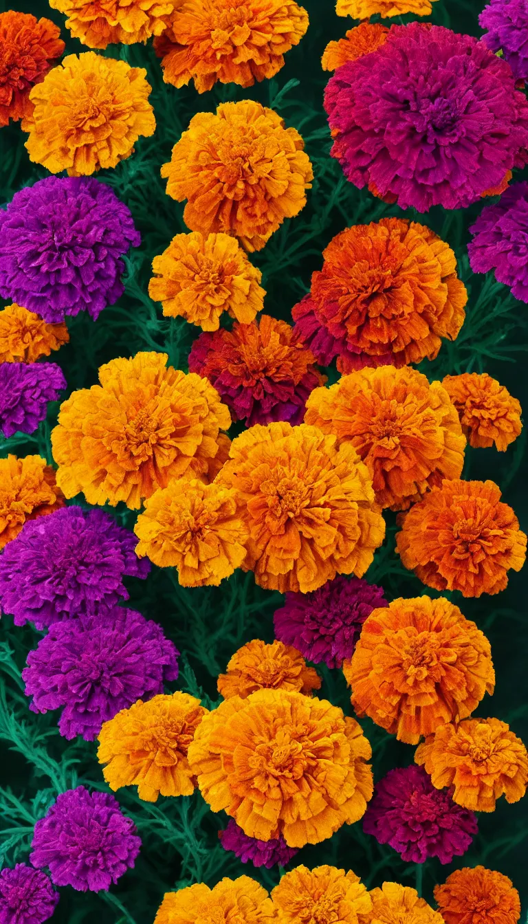 Prompt: highly detailed colorful beautiful marigold flowers from single stem, volumetric dramatic light, dark black background, sharp focus, highly realistic, octane render, art by greg rutsowski