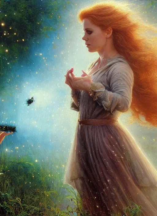 Image similar to Amy Adams staring into the camera, misty wisps, fireflies, Lilia Alvarado, Sophie Anderson, Mark Arian, Bob Byerley, Charlie Bowater, Mark Brooks, Steve Henderson, Justin Gerard, Arthur Hughes, Edward Robert Hughes, Mark Keathley, Victor Nizovtsev, Carlos Shwabe, Ross Tran, WLOP