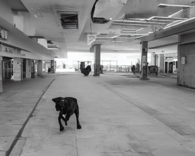 Prompt: camera footage of a Big Dog Robot hunting people in an abandoned shopping mall, high exposure, dark, monochrome, camera, grainy, CCTV, security camera footage, timestamp, zoomed in, fish-eye lense, Robot, Drone, Intense, Darpa,