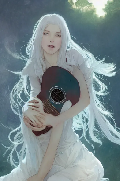 Image similar to a white haired girl with a guitar on her back sitting on the floor taking off her socks, 4 5 angel by krenz cushart and mucha and akihito yoshida and greg rutkowski, 4 k resolution