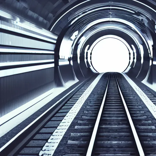 Image similar to someone standing on top of a train travelling through a futuristic tunnel, realistic, cinematic