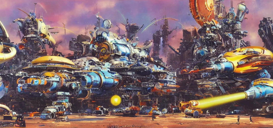 Prompt: a hypercomplex ray-gun gauss-cannon with numerous gadgets and doodads painted by john berkey and dr seuss