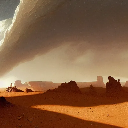 Prompt: an oil painting of a dry and cracked desert on an alien planet with a thick atmosphere and electrical storm above by carl spitzweg and greg rutkowski