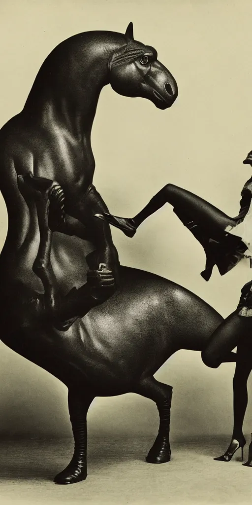 Image similar to t rex and a horse wearing high heels, anamorphic, strange, black and white, photograph, 1850s