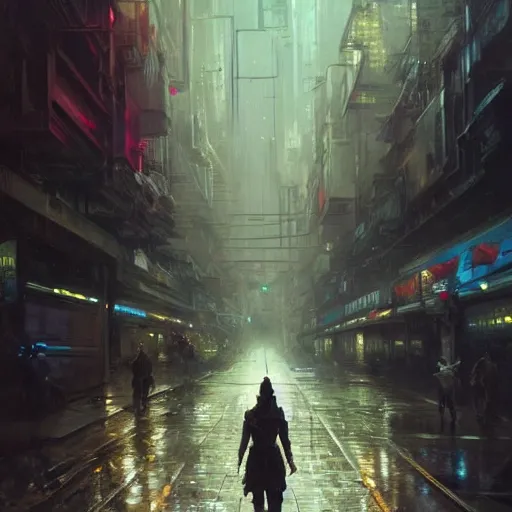 Image similar to empty sidewalk of a cyberpunk megacity, dramatic lighting, detailed background, gorgeous view, realistic, high detail, depth of field, lightrays, atmospheric, digital art, painted by greg rutkowski, painted by jeremy mann, painted by alphonse mucha, trending on artstation