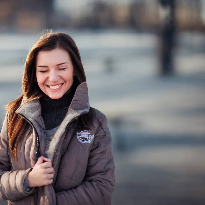 Prompt: a beautiful girl from minnesota, brunette, joyfully smiling at the camera with her eyes closed. thinner face. irish genes. wearing university of minneapolis coat. perfect nose, morning hour, plane light, portrait, minneapolis as background.