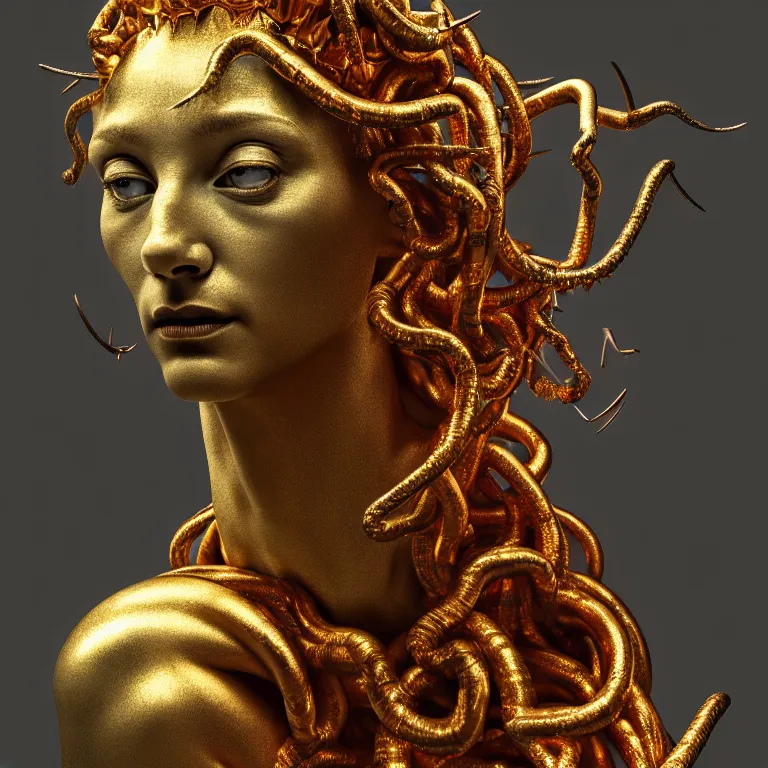 Prompt: sculpture of medusa by hieronymus bosch, shiny glossy gold copper metallic spiky crown, bloom lucid dream - like ethereal dark atmosphere, baroque portrait painting, perfect composition, beautiful intricate detailed octane render trending on artstation, 8 k artistic photography, volumetric cinematic perfect light, chiaroscuro, masterpiece, raphael, caravaggio, rutkowski, beksinski