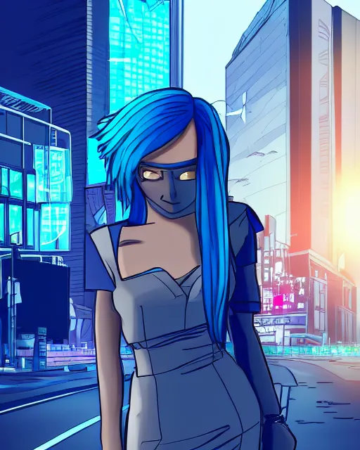 Image similar to cel shaded art of a pretty blue haired girl wearing a dress, cyberpunk city street background