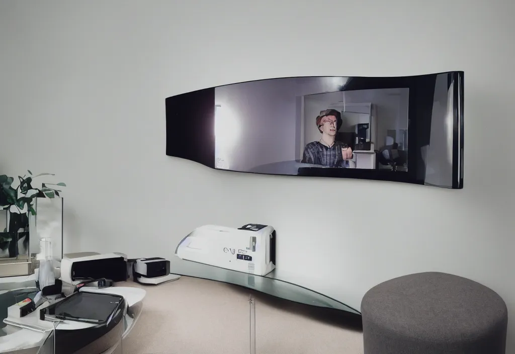 Image similar to curved transparent television, volumetric lighting, bedroom, visor, users, pair of keycards on table, bokeh, creterion collection, shot on 7 0 mm, instax