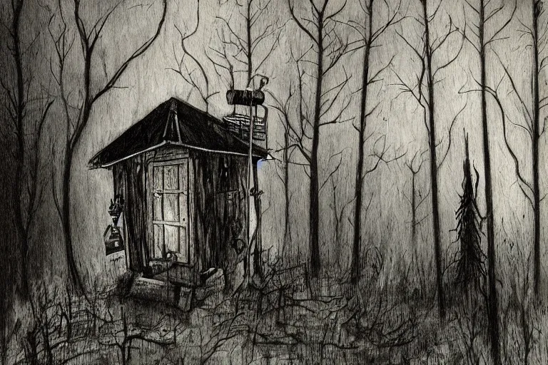 Image similar to mad horror painting of a cabine in the woods by ben templesmith