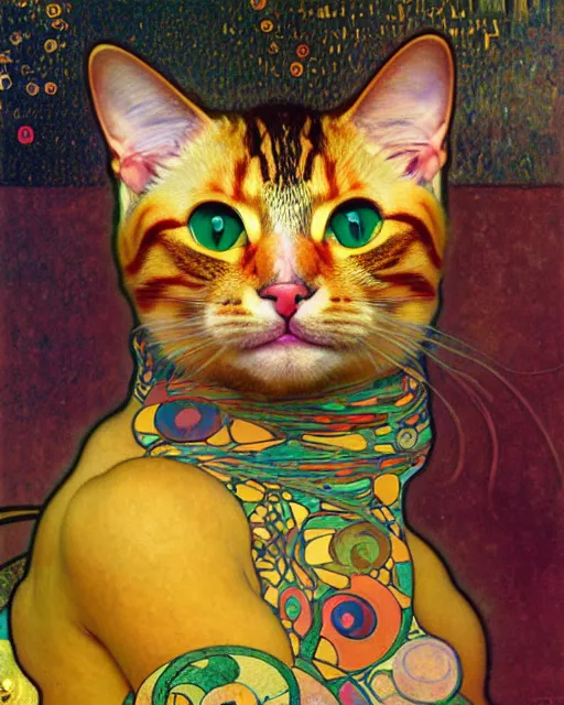 Image similar to cat portrait an oil painting splashes with many colors and shapes by gustav klimt greg rutkowski and alphonse mucha, polycount, generative art, psychedelic, fractalism, glitch art