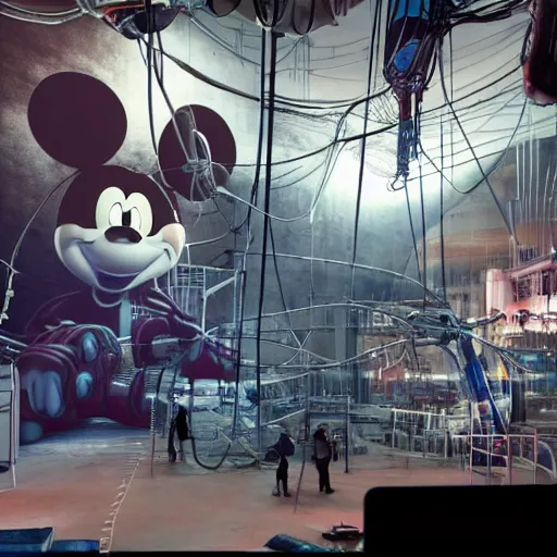 Prompt: giant mickey mouse being operated on by several workers, large octane render, dark beeple art, incredible detail, netflix logo in background, dark studio, dystopian atmosphere, gigantic micky mouse statue being worked on,