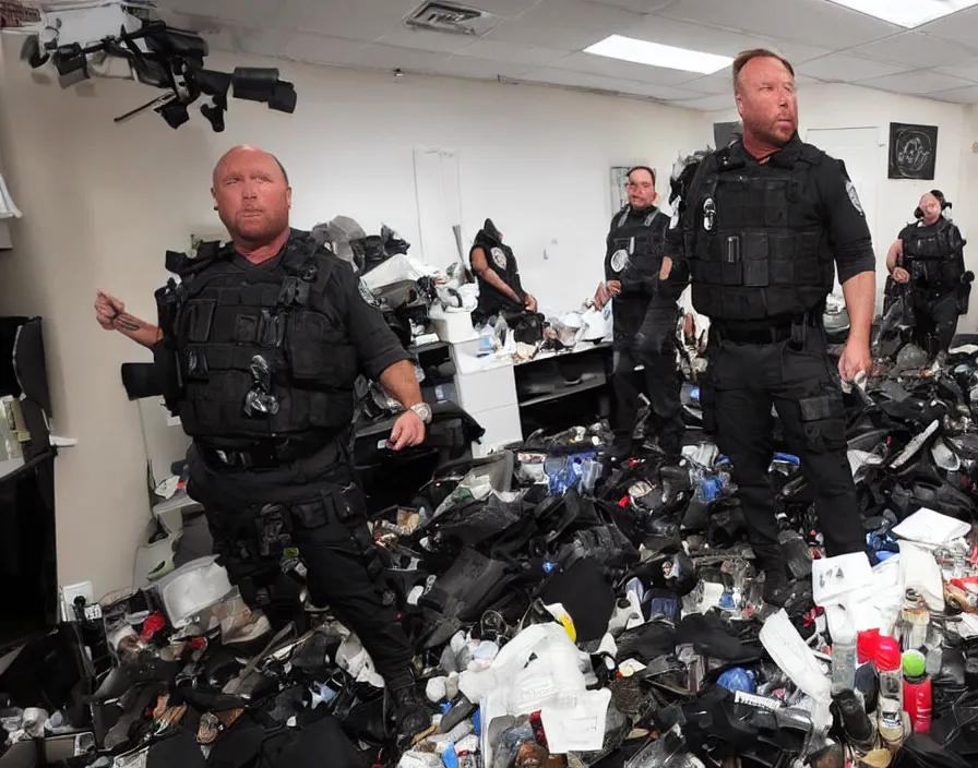 Prompt: SWAT Police group raiding Alex Jones in his INFOWARS studio surrounded by trash and herbal supplements and rubbish and broken camera TV equipment, Alex Jones is very angry, smoke and gas, dramatic press photo