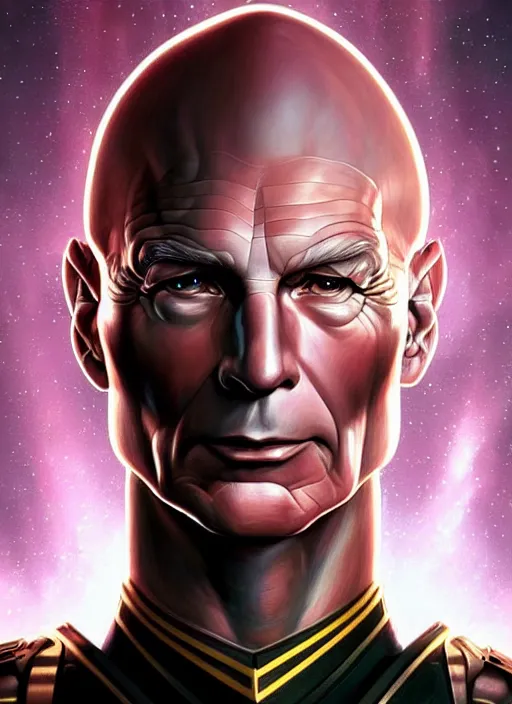 Image similar to Symmetry!! portrait of Captain Picard, warrior in sci-fi armour, tech wear, muscular!! Glowing lights!! sci-fi, intricate, elegant, highly detailed, digital painting, artstation, concept art, smooth, sharp focus, illustration, art by artgerm and greg rutkowski and alphonse mucha