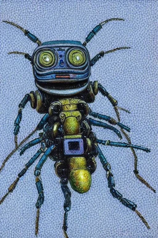 Prompt: a painting of a robot!! insect creature made from snow and soil, high detail, fluo details, muted colors, pointillism, harsh light