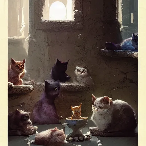 Prompt: the council of cats, by greg rutkowski