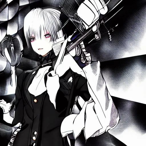 Prompt: Character design of an anime girl with short white hair and black eyes wearing three piece suit in the style of Yoshitaka Amano, abstract black and white background with lines, film grain effect, highly detailed, soft gradients