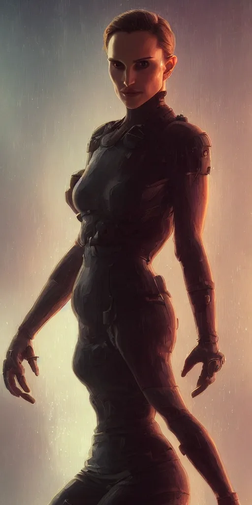 Prompt: full body portrait of Natalie Portman, looking at camera, intricate, dystopian, sci-fi, extremely detailed, digital painting, artstation, concept art, smooth, sharp focus, illustration, intimidating lighting, incredible art by artgerm and greg rutkowski and alphonse mucha and simon stalenhag