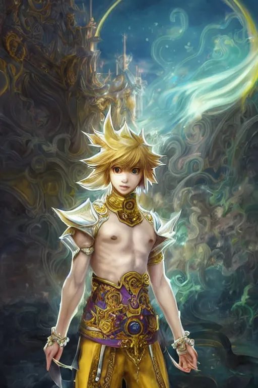 Image similar to fullbody portrait of a young male fit hero with strange hairs, soft smile, baroque cloth, luminous scene, final fantasy and legue of legends champion, by chengwei pan and sakimichan, gradient white to gold, in front of an iridescent magical building background, highly detailed portrait, digital painting, smooth, focus illustration