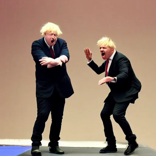 Prompt: Boris Johnson and Eminen on a stage having an epic rap battle together