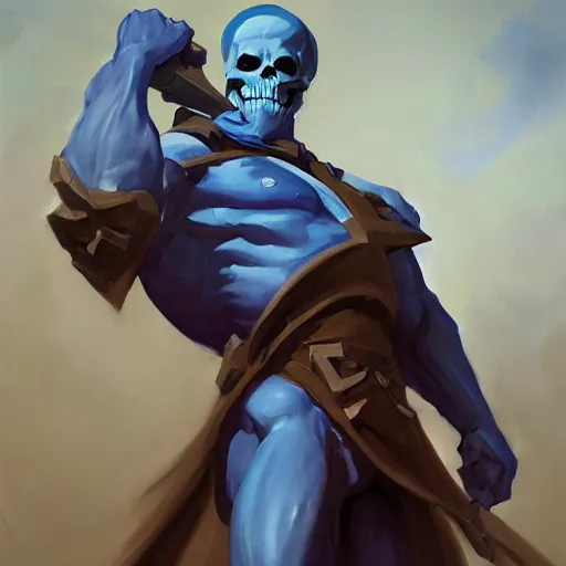 Image similar to greg manchess portrait painting of powerful skeletor the master of the universe as overwatch character, medium shot, asymmetrical, profile picture, organic painting, sunny day, matte painting, bold shapes, hard edges, street art, trending on artstation, by huang guangjian, gil elvgren, ruan jia, greg rutkowski, gaston bussiere