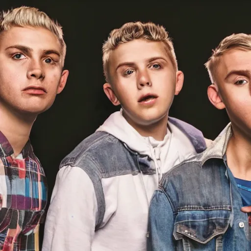 Prompt: promotional photo of an ugly boy-band