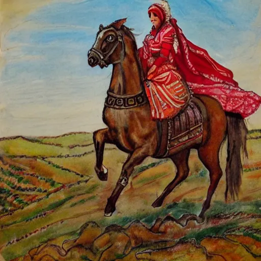 Prompt: The mixed mediart shows the heroine riding on a magnificent red horse. She is clad in a traditional Russian folk costume, complete with a brightly-colored headscarf. Her face is pale and beautiful, with a look of resolve in her eyes. Behind her, the horse's hooves churn up the earth as they gallop across the countryside. In the distance, the dark forest looms, its trees reaching up into the sky. scientific diagram by Jack Davis, by Zinaida Serebriakova amorphous