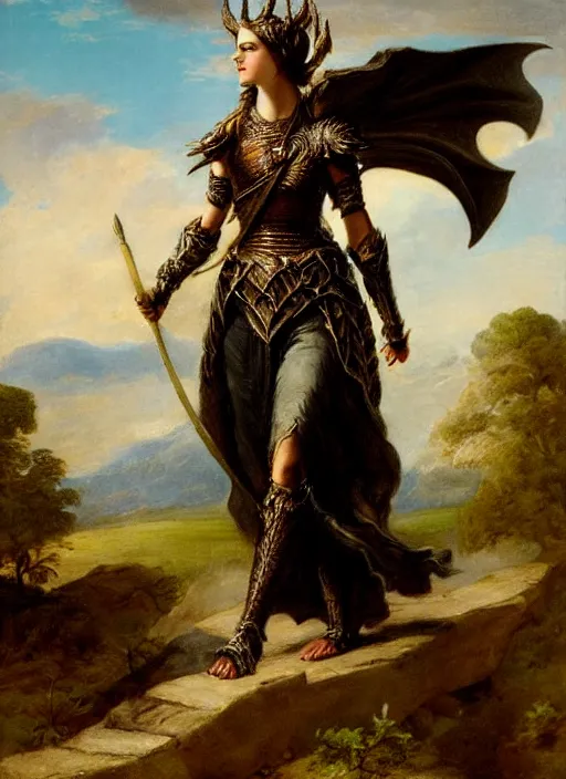 Image similar to woman in dark princess dragon armor, walking on the mystical ancient ruins. by william henry hunt