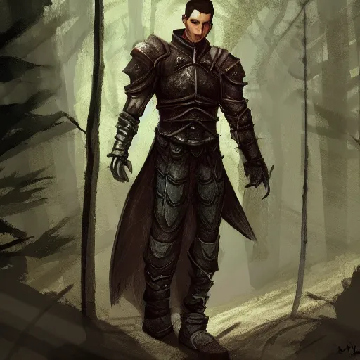 Image similar to high depth, published concept art, dragon age origins bioware morigan standing tall in forest with soft lighting