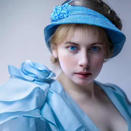 Image similar to portrait of a young lady in a light blue dress 1 9 0 0 s entire face shown in great detail, looking at the camera, full body in camera, blonde hair, garden, photorealistic, extreme detail, sharp focus, 8 k, intricate, hyper detailed, realistic, cinematic lighting