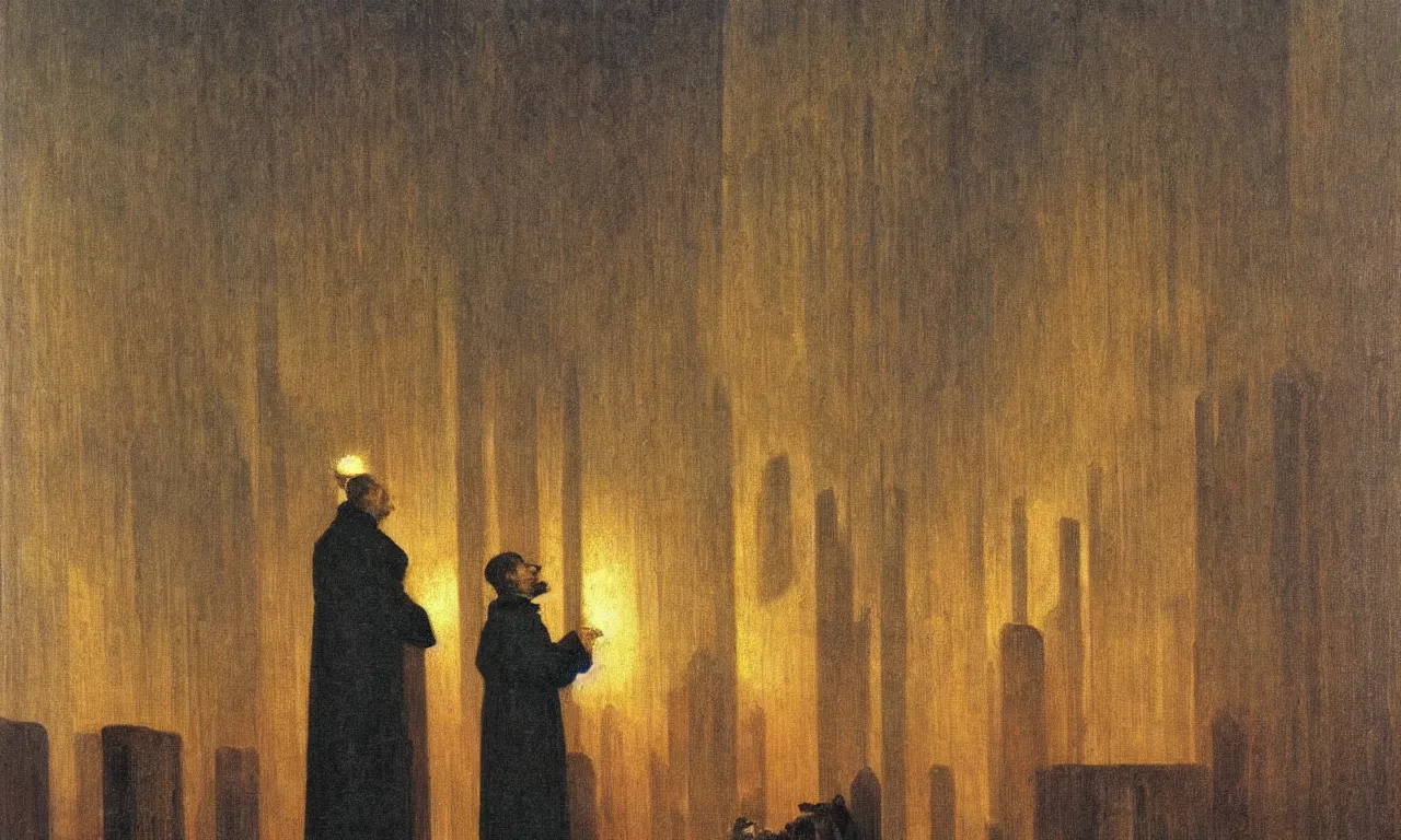 Prompt: a hamster gives a sermon in a matchstick cathedral caspar david friedrich dramatic oil painting