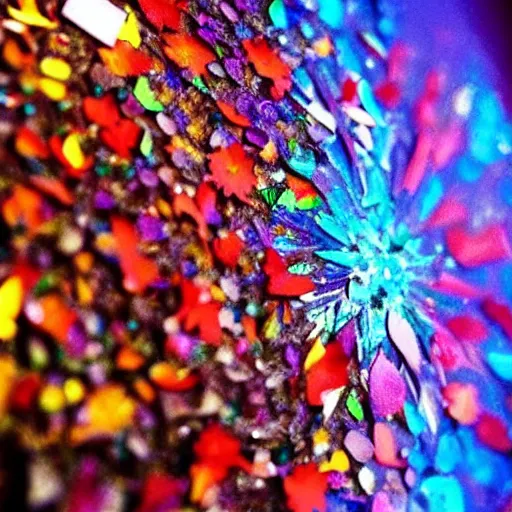 Image similar to waterfall of broken mirror pieces and tiny colorful flower petals, bright saturated colors, scintillating lens flares and colorful sparks, trending on ArtStation, beautiful!!! stunning!!!, hyper realistic masterpiece