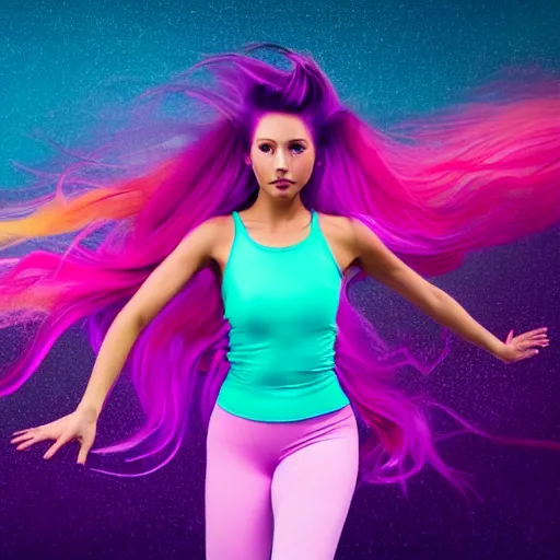 Image similar to a award winning full body shot of a beautiful woman in a croptop and leggings with a ombre purple pink teal hairstyle with head in motion and hair flying, outrun, vaporware, highly detailed, fine detail, intricate