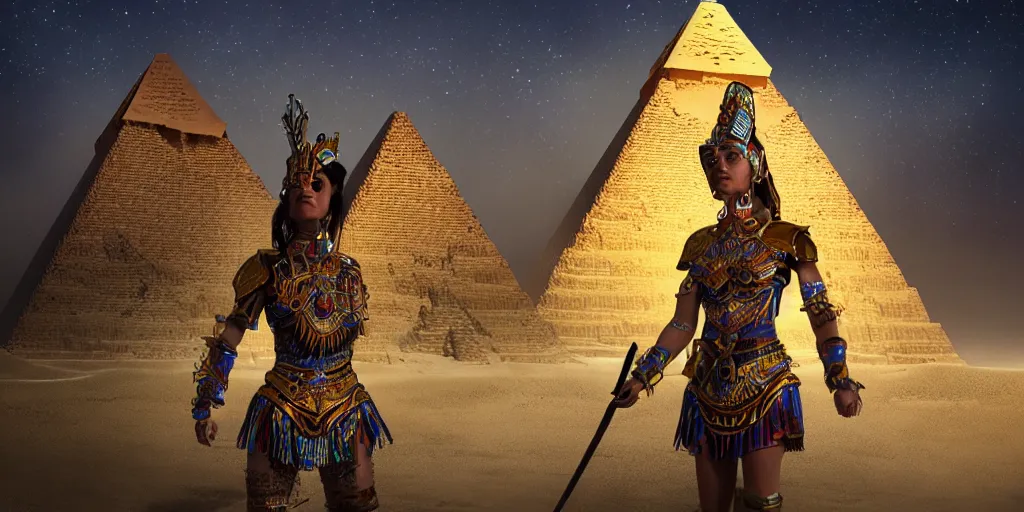 Prompt: photorealistic art of a woman wearing Mayan battle armor, standing in front of a great pyramid of gold, dynamic lighting, space atmosphere, hyperrealism, stunning visuals