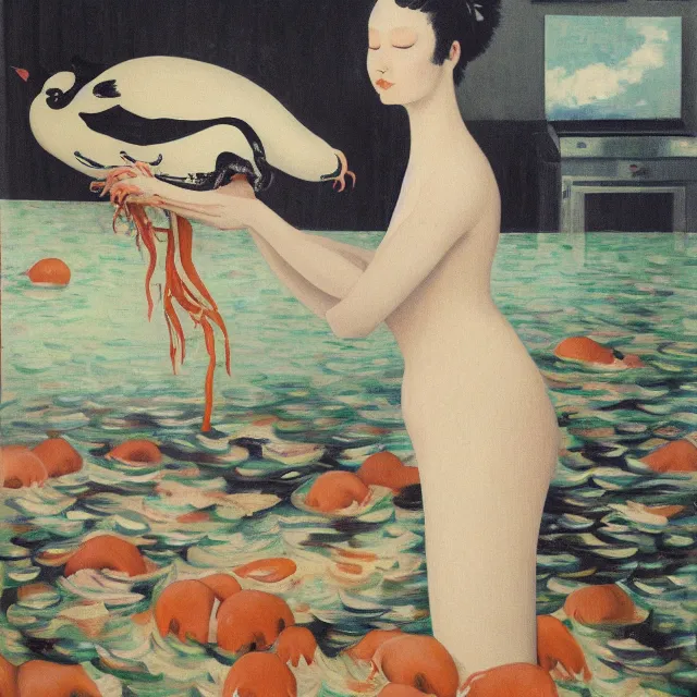 Image similar to tall emo female artist holding a pig's trotter in her flooded kitchen, pomegranates, octopus, water gushing from ceiling, painting of flood waters inside an artist's apartment, a river flooding indoors, ikebana, zen, rapids, waterfall, black swans, canoe, berries, acrylic on canvas, surrealist, by magritte and monet