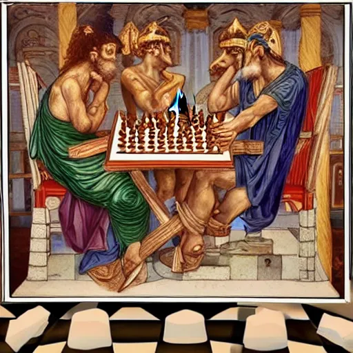 Image similar to Olympus gods playing chess, Greek art