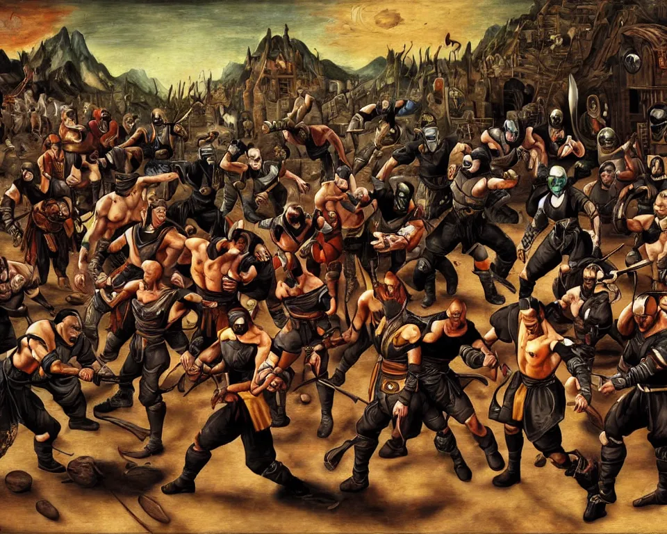 Image similar to mortal kombat characters art by hieronymus bosh, triumph of death by pieter brueghel