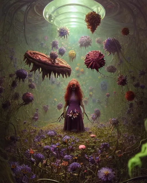 Prompt: the platonic ideal of flowers, rotting, insects and praying of cletus kasady carnage davinci dementor chtulu mandelbulb ponyo alice in wonderland dinotopia watership down, d & d, fantasy, ego death, decay, dmt, psilocybin, concept art by greg rutkowski and simon stalenhag and alphonse mucha