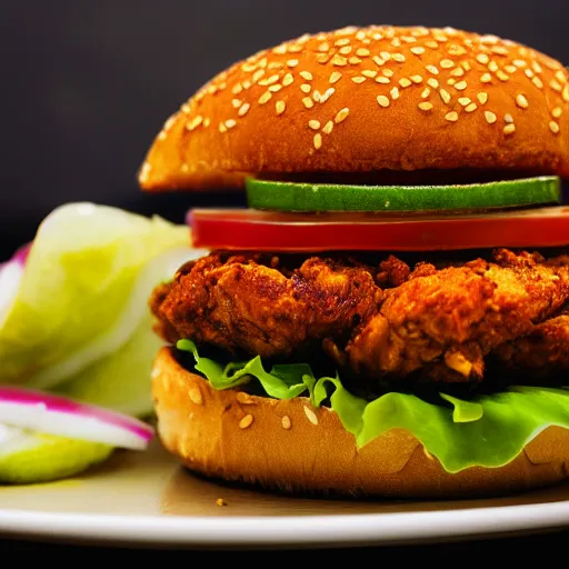 Image similar to a spicy crispy chicken burger, food photography, detailed, yum, fast food