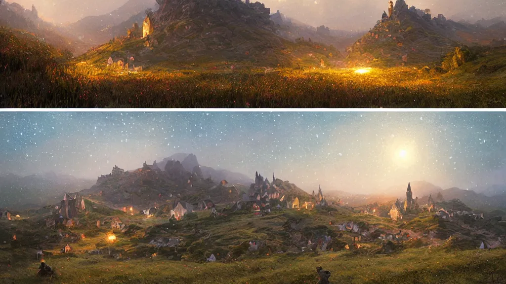 Image similar to a beautiful painting of hills in the shire with round hobbit doors and windows during a fireworks festival, at night with a sky full of stars and fireworks, intricate, elegant, highly detailed, digital painting, artstation, concept art, by krenz cushart and artem demura and alphonse mucha