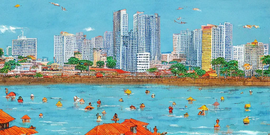 Image similar to colombo sri lanka cityscape, ocean, art by Hayao Miyazaki