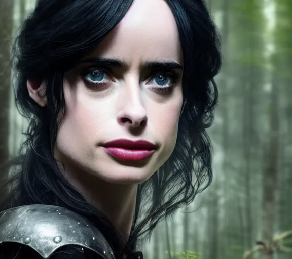 Image similar to 5 5 mm close up portrait photo of krysten ritter as yennefer of vengerberg in black leather armor and black hair, in a forest. magical atmosphere. art by greg rutkowski. lifelike. very detailed 8 k. intricate. soft light. nikon d 8 5 0.